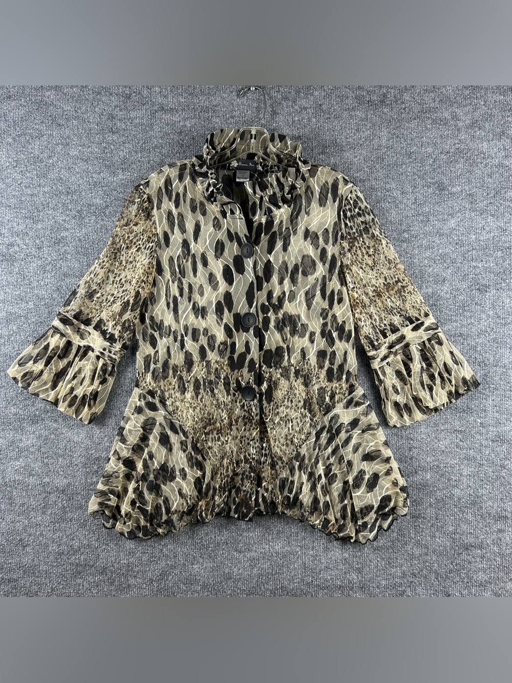 Damee Inc Sheer Mesh Animal Print Ruffle Collar Button Up Jacket Top Size Small